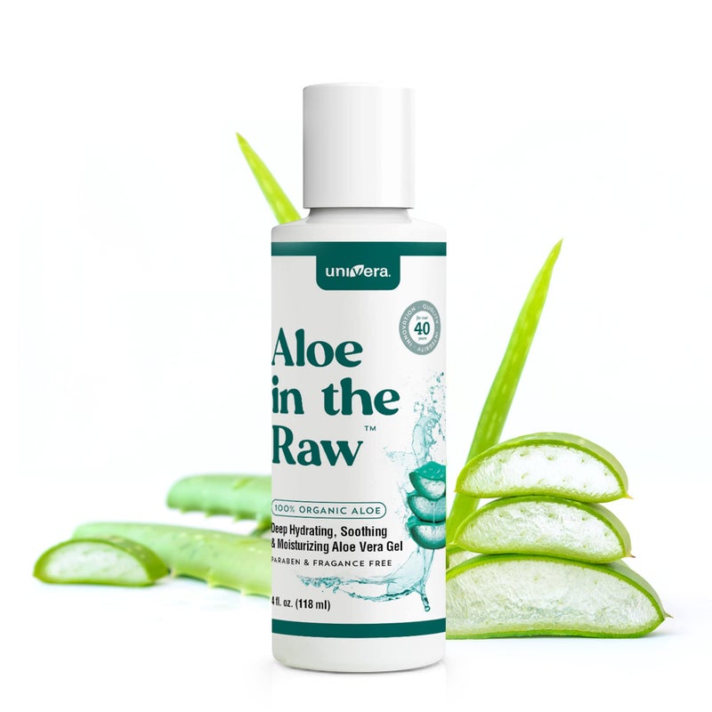 Univera Aloe in the Raw, 100% Pure Organic Aloe Vera Gel, Suitable for All Skin Types, Sunburn Relief, Heals Minor Cuts, Scrapes, & Burns, No Sticky Residue, 4.0oz. - Image 1